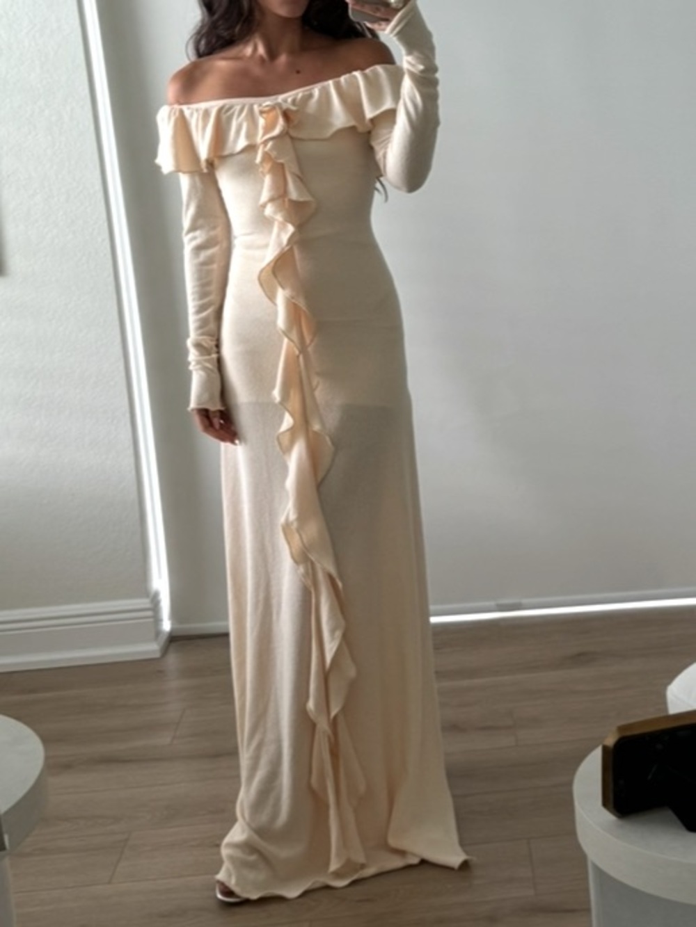 Off-Shoulder Cream Ruffle Maxi Dress